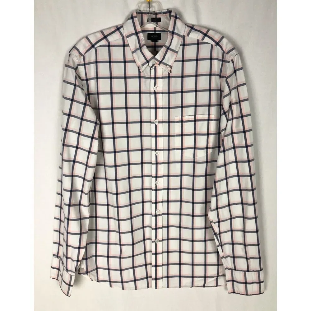 J. CREW Men's Shirt Size M Slim Fit Plaid Pink White Front‎ Pocket Long Sleeve